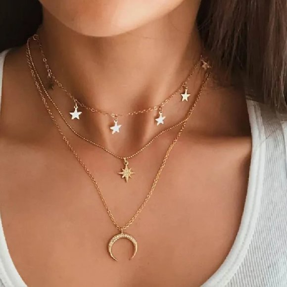 Multi-Layered Gold Celestial, Five-pointed Star, Crescent‎ Moon 3 Layer Necklace - Picture 1 of 5
